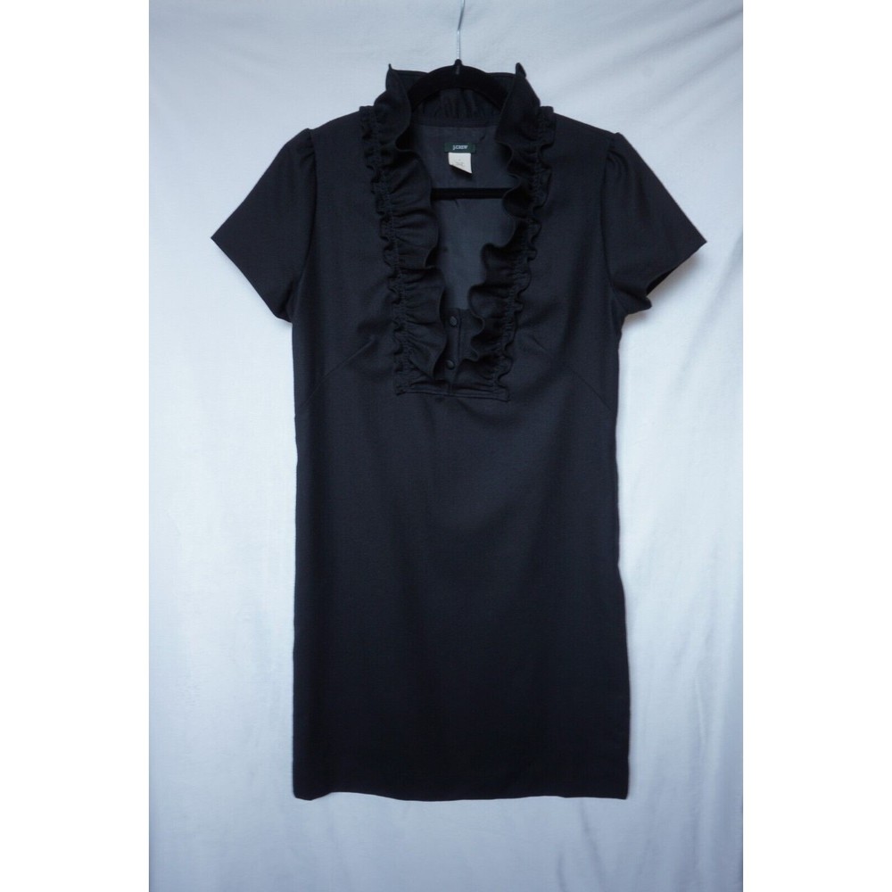 J Crew Black Dress Wool Ruffle Collared Short Sleeve Size 4